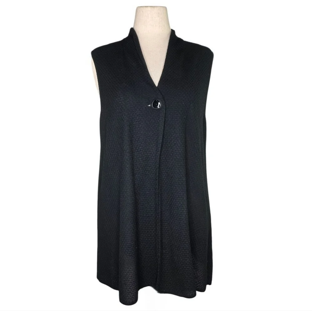 Ming Wang XL Black Textured Knit Long Sleeveless Vest Tunic Cardigan